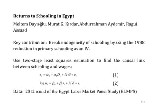 1/11
Returns to Schooling in Egypt
Meltem Dayıoğlu, Murat G. Kırdar, Abdurrahman Aydemir, Ragui
Assaad
Key contribution: Break endogeneity of schooling by using the 1988
reduction in primary schooling as an IV.
Use two-stage least squares estimation to find the causal link
between schooling and wages:
iii uXDs +++= θαα '
10 (1)
iii vXsw +++= δββ '
10log (2)
Data: 2012 round of the Egypt Labor Market Panel Study (ELMPS)
 