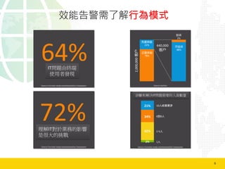 6	
  
效能告警需了解行為模式
IT問題由終端	
  
使用者發現
理解IT對於業務的影響	
  
是很大的挑戰
診斷和解決IT問題需要的人員數量
 