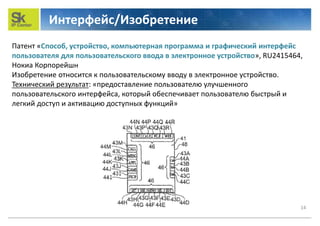 Интерфейс/Изобретение
14
Патент «Способ, устройство, компьютерная программа и графический интерфейс
пользователя для пользовательского ввода в электронное устройство», RU2415464,
Нокиа Корпорейшн
Изобретение относится к пользовательскому вводу в электронное устройство.
Технический результат: «предоставление пользователю улучшенного
пользовательского интерфейса, который обеспечивает пользователю быстрый и
легкий доступ и активацию доступных функций»
 