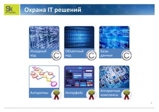 Охрана IT решений
Исходный
код
Объектный
код
Базы
данных
Алгоритмы Интерфейс
Аппаратные
комплексы
2
 