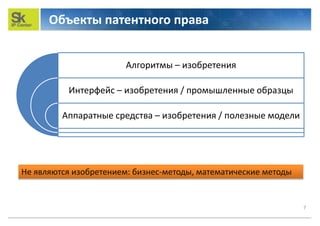Объекты патентного права
Алгоритмы – изобретения
Интерфейс – изобретения / промышленные образцы
Аппаратные средства – изобретения / полезные модели
7
Не являются изобретением: бизнес-методы, математические методы
 