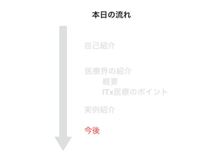 本日の流れ
自己紹介
医療界の紹介
実例紹介
ITx医療のポイント
概要
今後
 