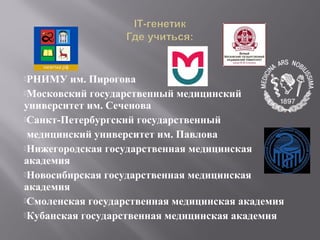 РНИМУ им. Пирогова
Московский государственный медицинский
университет им. Сеченова
Санкт-Петербургский государственный
медицинский университет им. Павлова
Нижегородская государственная медицинская
академия
Новосибирская государственная медицинская
академия
Смоленская государственная медицинская академия
Кубанская государственная медицинская академия
 