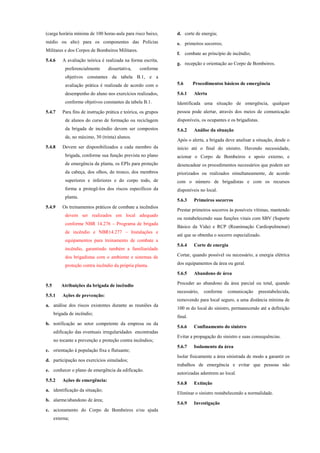 (carga horária mínima de 100 horas-aula para risco baixo,
médio ou alto) para os componentes das Polícias
Militares e dos Corpos de Bombeiros Militares.
5.4.6 A avaliação teórica é realizada na forma escrita,
preferencialmente dissertativa, conforme
objetivos constantes da tabela B.1, e a
avaliação prática é realizada de acordo com o
desempenho do aluno nos exercícios realizados,
conforme objetivos constantes da tabela B.1.
5.4.7 Para fins de instrução prática e teórica, os grupos
de alunos do curso de formação ou reciclagem
da brigada de incêndio devem ser compostos
de, no máximo, 30 (trinta) alunos.
5.4.8 Devem ser disponibilizados a cada membro da
brigada, conforme sua função prevista no plano
de emergência da planta, os EPIs para proteção
da cabeça, dos olhos, do tronco, dos membros
superiores e inferiores e do corpo todo, de
forma a protegê-los dos riscos específicos da
planta.
5.4.9 Os treinamentos práticos de combate a incêndios
devem ser realizados em local adequado
conforme NBR 14.276 – Programa de brigada
de incêndio e NBR14.277 – Instalações e
equipamentos para treinamento de combate a
incêndio, garantindo também a familiaridade
dos brigadistas com o ambiente e sistemas de
proteção contra incêndio da própria planta.
5.5 Atribuições da brigada de incêndio
5.5.1 Ações de prevenção:
a. análise dos riscos existentes durante as reuniões da
brigada de incêndio;
b. notificação ao setor competente da empresa ou da
edificação das eventuais irregularidades encontradas
no tocante a prevenção e proteção contra incêndios;
c. orientação à população fixa e flutuante;
d. participação nos exercícios simulados;
e. conhecer o plano de emergência da edificação.
5.5.2 Ações de emergência:
a. identificação da situação;
b. alarme/abandono de área;
c. acionamento do Corpo de Bombeiros e/ou ajuda
externa;
d. corte de energia;
e. primeiros socorros;
f. combate ao princípio de incêndio;
g. recepção e orientação ao Corpo de Bombeiros.
5.6 Procedimentos básicos de emergência
5.6.1 Alerta
Identificada uma situação de emergência, qualquer
pessoa pode alertar, através dos meios de comunicação
disponíveis, os ocupantes e os brigadistas.
5.6.2 Análise da situação
Após o alerta, a brigada deve analisar a situação, desde o
início até o final do sinistro. Havendo necessidade,
acionar o Corpo de Bombeiros e apoio externo, e
desencadear os procedimentos necessários que podem ser
priorizados ou realizados simultaneamente, de acordo
com o número de brigadistas e com os recursos
disponíveis no local.
5.6.3 Primeiros socorros
Prestar primeiros socorros às possíveis vítimas, mantendo
ou restabelecendo suas funções vitais com SBV (Suporte
Básico da Vida) e RCP (Reanimação Cardiopulmonar)
até que se obtenha o socorro especializado.
5.6.4 Corte de energia
Cortar, quando possível ou necessário, a energia elétrica
dos equipamentos da área ou geral.
5.6.5 Abandono de área
Proceder ao abandono da área parcial ou total, quando
necessário, conforme comunicação preestabelecida,
removendo para local seguro, a uma distância mínima de
100 m do local do sinistro, permanecendo até a definição
final.
5.6.6 Confinamento do sinistro
Evitar a propagação do sinistro e suas consequências.
5.6.7 Isolamento da área
Isolar fisicamente a área sinistrada de modo a garantir os
trabalhos de emergência e evitar que pessoas não
autorizadas adentrem ao local.
5.6.8 Extinção
Eliminar o sinistro restabelecendo a normalidade.
5.6.9 Investigação
 
