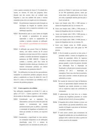 (vinte e quatro) constantes do Anexo C. O avaliado deve
acertar, no mínimo, 03 (três) das perguntas feitas.
Quando isso não ocorrer, deve ser avaliado outro
brigadista e, caso este também não acerte o mínimo
estipulado acima, deve ser exigido um novo treinamento.
5.11.2 Os profissionais responsáveis pela formação ou
reciclagem da brigada de incêndio devem
apresentar, com os respectivos atestados, a sua
habilitação específica.
5.11.3 Recomenda-se para os casos isentos de brigada
de incêndio a permanência de pessoas
capacitadas a operar os equipamentos de
combate a incêndio existentes na edificação.
(Em avaliação a possibilidade de treinamento
em EAD)
5.11.4 A edificação que possuir Posto de Bombeiro
interno, com efetivo mínimo de 05 (cinco)
bombeiros civis (por turno de 24 h) e viatura de
combate a incêndio devidamente equipada nos
parâmetros da NBR 14096/98 - Viaturas de
combate a incêndio, pode ficar isenta da
brigada de incêndio, desde que o bombeiro civil
ministre treinamento periódico aos demais
funcionários, nos parâmetros desta IT.
5.12 Em edificações e/ou áreas de risco que produzam,
manipulem ou armazenem produtos perigosos deve-se
aplicar o estabelecido no Anexo B, tabela B-1, item 22
desta IT a todos os funcionários que trabalham com o
manuseio dos produtos perigosos.
5.13 Centro esportivo e de exibição
Nas edificações enquadradas na divisão F-3, onde se
aplica a IT 12/11 – Centros esportivos e de exibição,
devem ainda ser observadas as seguintes condições:
5.13.1 Considerando que a população fixa
(funcionários a serviço do evento) faz parte das
atrações e normalmente não estarão
permanentemente junto ao público, é permitida
a contratação de brigadistas ou bombeiro civil,
desde que atendam, no mínimo, aos requisitos
desta IT.
5.13.2 Considerando o especificado no item anterior,
em instalações temporárias ou em edificações
classificadas como F-3, o número de
brigadistas deve ser calculado de acordo com o
previsto na Tabela A.1 para locais com lotação
de até 500 (quinhentas) pessoas, sendo que
acima deste valor populacional deve-se levar
em conta a população máxima prevista para o
local, na razão de:
a. locais com lotação entre 500 e 1.000 pessoas, o
número de brigadistas deve ser, no mínimo, 05;
b. locais com lotação entre 1.000 e 2.500 pessoas, o
número de brigadistas deve ser, no mínimo, 10;
c. locais com lotação entre 2.500 e 5.000 pessoas, o
número de brigadistas deve ser, no mínimo, 15;
d. locais com lotação entre 5.000 e 10.000 pessoas, o
número de brigadistas deve ser, no mínimo, 20;
e. locais com lotação acima de 10.000 pessoas,
acrescentar 1 brigadista para cada grupo de 500
pessoas.
5.13.3 A fim de atender ao prescrito no item acima, é
permitido definir o número de brigadistas em
função da quantidade efetiva de ingressos
colocados à venda ou limitação do número de
pessoas quando o evento for gratuito, devendo
esta informação ficar à disposição da
fiscalização e afixada junto à portaria principal,
conforme IT 20/11 – Sinalização de
emergência. Neste caso, deve haver na portaria,
meios para controlar o número de pessoas que
adentrarão ao evento.
5.13.4 Por ocasião da vistoria do Corpo de Bombeiros
devem ser apresentadas relações nominais dos
brigadistas que estarão presentes ao evento,
com as respectivas cópias dos certificados de
treinamento.
5.13.5 O administrador do local deve ter a relação
nominal dos brigadistas presentes no evento
afixado em local visível e de acesso público.
5.13.6 O brigadista deve utilizar, durante o evento, um
colete refletivo que permita identificá-lo como
membro da brigada e que possa ser facilmente
visualizado a distância.
5.13.7 O sinal sonoro emitido para acionamento da
brigada de incêndio deve ser inconfundível com
qualquer outro e audível em todos os pontos do
recinto suscetíveis de ocupação.
 