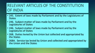 RELEVANT ARTICLES OF THE CONSTITUTION
OF INDIA
• 245. Extent of laws made by Parliament and by the Legislatures of
States
• 246. Subject-matter of laws made by Parliament and by the
Legislatures of States
• 246. Subject-matter of laws made by Parliament and by the
Legislatures of States
• 268. Duties levied by the Union but collected and appropriated by
the States
• 268A. Service tax levied by Union and collected and appropriated by
the Union and the States
 