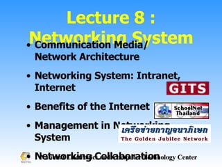 Lecture 8 : Networking System Communication Media/Network Architecture Networking System: Intranet, Internet Benefits of the Internet Management in Networking System  Networking Collaboration 