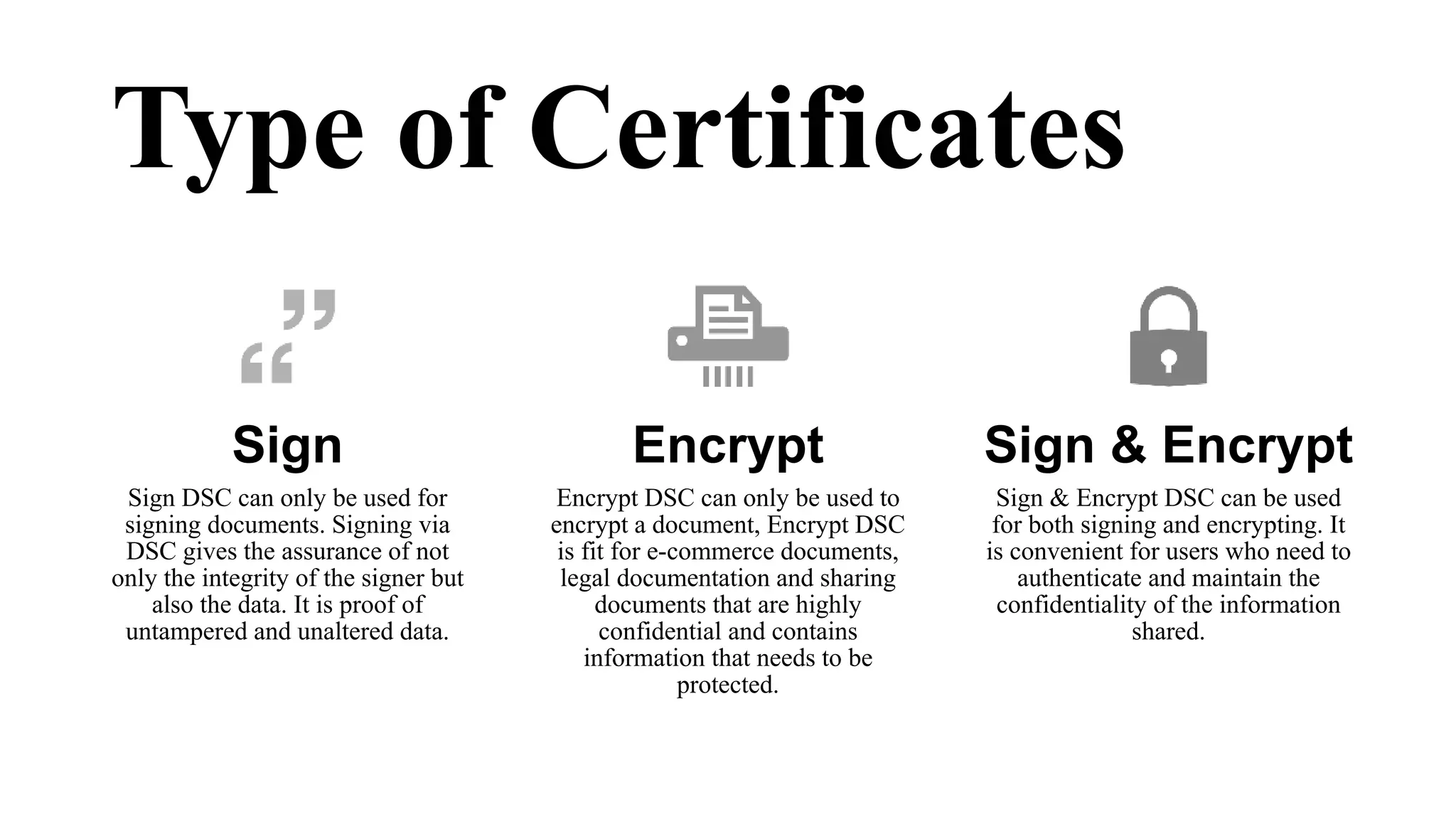 Type of Certificates
Sign
Sign DSC can only be used for
signing documents. Signing via
DSC gives the assurance of not
only the integrity of the signer but
also the data. It is proof of
untampered and unaltered data.
Encrypt
Encrypt DSC can only be used to
encrypt a document, Encrypt DSC
is fit for e-commerce documents,
legal documentation and sharing
documents that are highly
confidential and contains
information that needs to be
protected.
Sign & Encrypt
Sign & Encrypt DSC can be used
for both signing and encrypting. It
is convenient for users who need to
authenticate and maintain the
confidentiality of the information
shared.
 