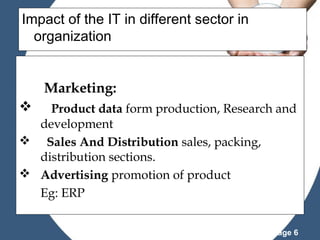 Impact of the IT in different sector in
organization
Marketing:


Product data form production, Research and
development
 Sales And Distribution sales, packing,
distribution sections.
 Advertising promotion of product
Eg: ERP
Powerpoint Templates

Page 6

 