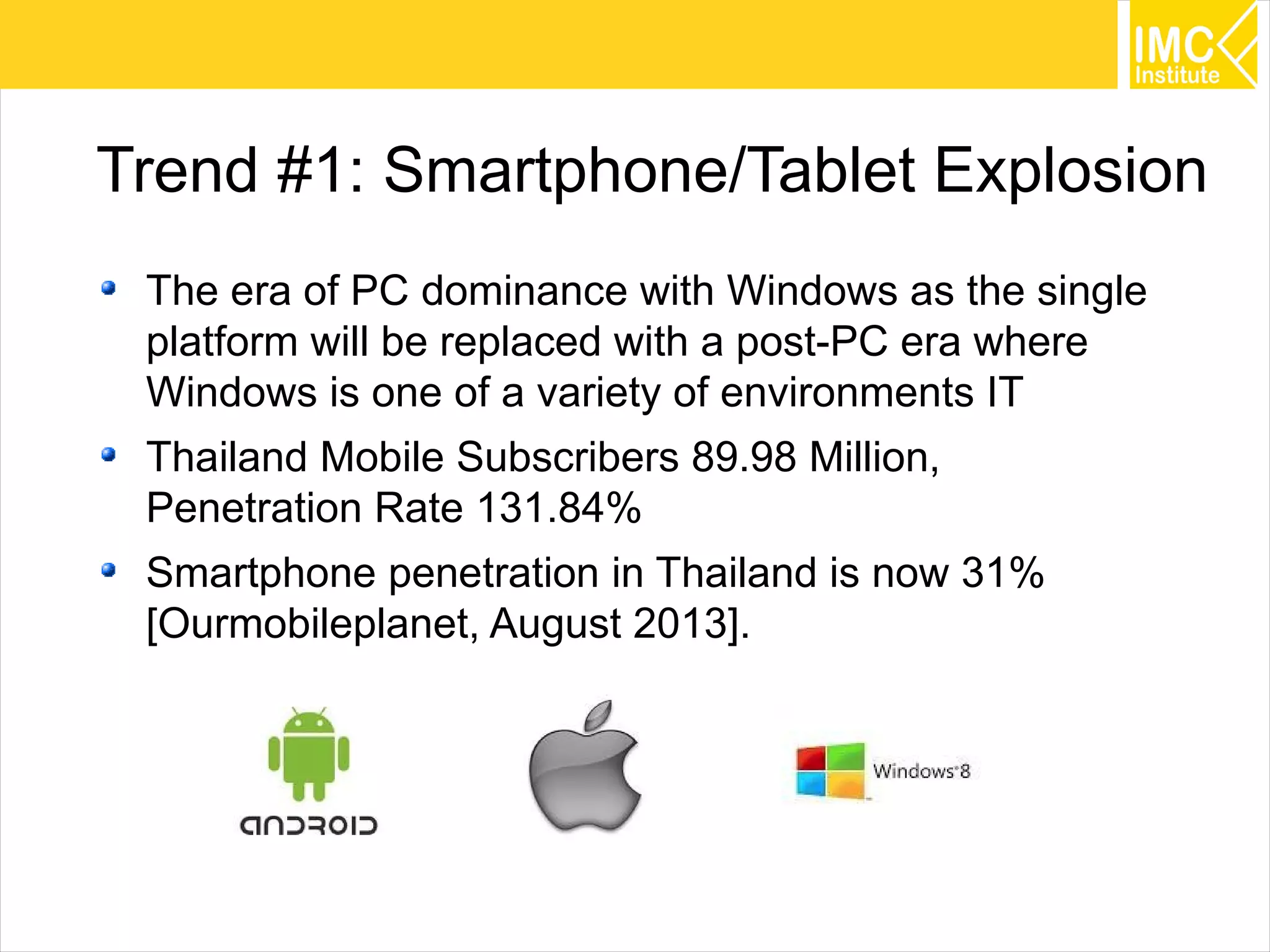 5
Trend #1: Smartphone/Tablet Explosion
The era of PC dominance with Windows as the single
platform will be replaced with a post-PC era where
Windows is one of a variety of environments IT
Thailand Mobile Subscribers 89.98 Million,
Penetration Rate 131.84%
Smartphone penetration in Thailand is now 31%
[Ourmobileplanet, August 2013].
 