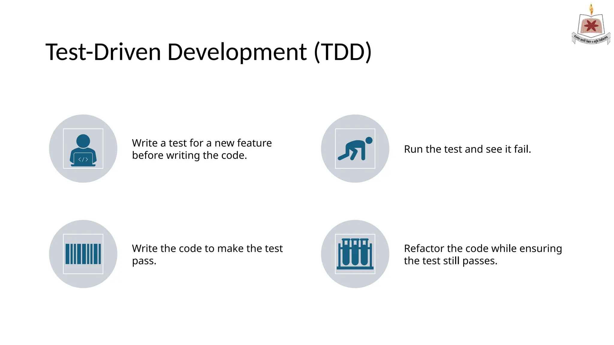 Test-Driven Development (TDD)
Write a test for a new feature
before writing the code.
Run the test and see it fail.
Write the code to make the test
pass.
Refactor the code while ensuring
the test still passes.
 