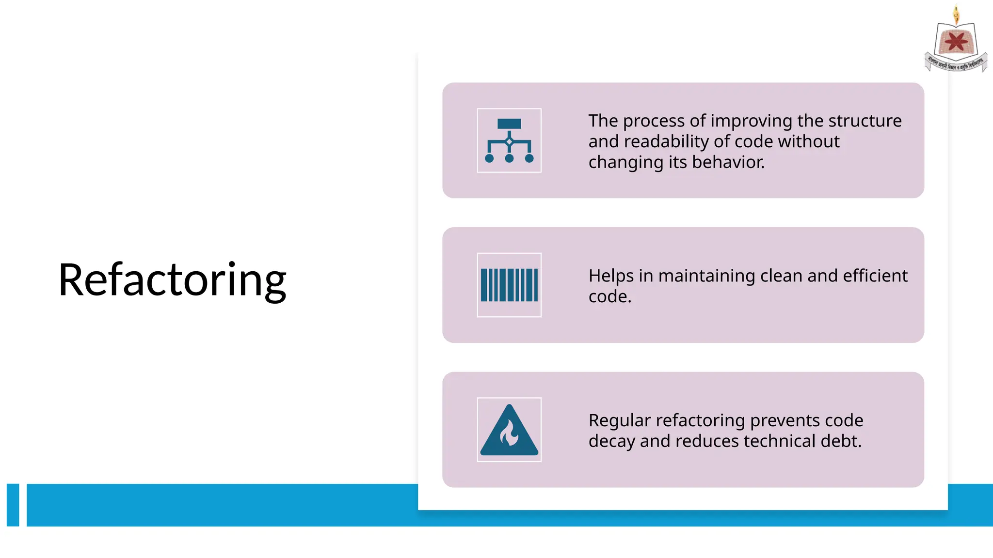 Refactoring
The process of improving the structure
and readability of code without
changing its behavior.
Helps in maintaining clean and efficient
code.
Regular refactoring prevents code
decay and reduces technical debt.
 