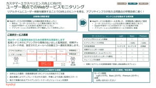 カスタマーエクスペリエンス向上に向けた
ユーザー視点でのWebサービスモニタリング
リアルタイムにユーザー体験を観測することでCX向上のヒントを得る、アプリやインフラが抱える問題点の早期改修に導く︕
お客様の課題/要望
n Webサービスの安定稼働による機会損失を阻⽌したい
• 現在は、ユーザーからのクレームで異常の発⽣に気づく
• SaaSや外部サービスを含めた監視ができていない
• アプリケーションの正常性を⼈⼿で確認していて効率化したい
キンドリルがお勧めする解決策
n Webサービスの監視ツールを⽤いた、定期監視と通知をご提供
• ユーザーからのクレームが出る前から異常の発⽣に気づく
• SaaSや外部サービスを含めたサービスの監視が可能
• アプリケーションの正常性をツールで効率的に実施
キンドリルが提供する価値
• 30年以上の運⽤・改善実績を持つキンドリルの技術⼒でご⽀援
• 過去実績によりテンプレート化された設計、作業により迅速に監視をスタート
• 強⼒で実績のあるアライアンスパートナーのソリューションを提供
ご提供サービス概要
コンサル・設計 導⼊・構築 運⽤・保守
Webサービス監視を始めるための標準的な実装をします
監視シナリオのヒアリングから環境の払い出しと監視設定、初期ダッ
シュボード作成、指定されたメールへの⾃動エラー通知を実装します。
サービスメニュー Light Basic Premium
ヒアリングセッションの開催 - ○ ○
ヒアリングシートの作成 - △(QA) △(QA)
外形監視実装 1シナリオ 5シナリオ 応相談
初期ダッシュボード設定 ○ ○ ○
定型通知設定(メール or チャット) ○ ○ ○
カスタマイズ(ダッシュボード/通知) - - ○
トレーニングの提供 ○ ○ ○
• 初期に10アドレスを管理者権限で登録し認証連携はオプション
Webサービス
モニタリング
運⽤
担当者
Front Integration Backend Data
ユーザー
アクセス出来ない︕
レスポンスが遅い︕
早期検知︕
早期改修︕
サービス期間／特記事項
サービス期間:
Light (1か⽉)、Basic (2か⽉)、Premium (3か⽉~)
⾦額︓
お問い合わせください
 