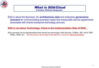 ICHnet.org Company Confidential
14
SOA is about the Business: An architectures style and enterprise governance
structure for communicating business needs and measurable service agreements
associated with shared enterprise technology services.
SOA is not about Technology, Cloud is the Implementation Side of SOA!
SOA concepts can be operationalized with almost any technology; Web Services, COBAL, ISB, JAVA, RDB,
WSDL, UDDI, etc… But focusing on technology & Standards is a common failure/anti-pattern
What is SOA/Cloud
A Fortune 100 User Perspective
 