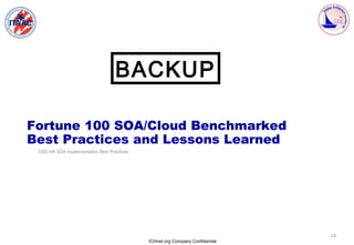 BACKUP

Fortune 100 SOA/Cloud Benchmarked
Best Practices and Lessons Learned
 OSD HA SOA Implementation Best Practices




                                                                              14
                                            ICHnet.org Company Confidential
 