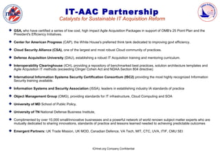 IT-AAC Partnership
                                Catalysts for Sustainable IT Acquisition Reform

 GSA, who have certified a series of low cost, high impact Agile Acquisition Packages in support of OMB's 25 Point Plan and the
  President's Efficiency Initiatives.

 Center for American Progress (CAP), the White House's preferred think tank dedicated to improving govt efficiency.

 Cloud Security Alliance (CSA), one of the largest and most robust Cloud community of practices.

 Defense Acquisition University (DAU), establishing a robust IT Acquisition training and mentoring curriculum.

 Interoperability Clearinghouse (ICH), providing a repository of benchmarked best practices, solution architecture templates and
  Agile Acquisition IT methods (exceeding Clinger Cohen Act and NDAA Section 804 directive)

 International Information Systems Security Certification Consortium (ISC2) providing the most highly recognized Information
  Security training available.

 Information Systems and Security Association (ISSA), leaders in establishing industry IA standards of practice

 Object Management Group (OMG), providing standards for IT infrastructure, Cloud Computing and SOA

 University of MD School of Public Policy,

 University of TN National Defense Business Institute,

 Complimented by over 10,000 small/innovative businesses and a powerful network of world renown subject matter experts who are
  mutually dedicated to sharing innovations, standards of practice and lessons learned needed to achieving predictable outcomes

 Emergent Partners: UK Trade Mission, UK MOD, Canadian Defence, VA Tech, MIT, CTC, UVA, ITIF, CMU SEI




                                                      ICHnet.org Company Confidential
 