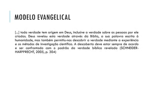 MODELO EVANGELICAL
[...] toda verdade tem origem em Deus, inclusive a verdade sobre as pessoas por ele
criadas. Deus revelou esta verdade através da Bíblia, a sua palavra escrita à
humanidade, mas também permitiu-nos descobrir a verdade mediante a experiência
e os métodos de investigação científica. A descoberta deve estar sempre de acordo
e ser confrontada com o padrão da verdade bíblica revelada (SCHNEIDER-
HARPPRECHT, 2005, p. 304)
 
