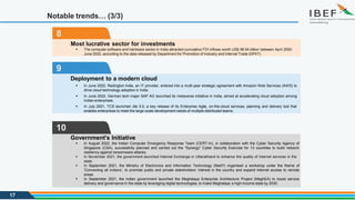 Notable trends… (3/3)
8
Most lucrative sector for investments
 The computer software and hardware sector in India attracted cumulative FDI inflows worth US$ 88.94 billion between April 2000-
June 2022, according to the data released by Department for Promotion of Industry and Internal Trade (DPIIT).
9
Deployment to a modern cloud
 In June 2022, Redington India, an IT provider, entered into a multi-year strategic agreement with Amazon Web Services (AWS) to
drive cloud technology adoption in India.
 In June 2022, German tech major SAP AG launched its metaverse initiative in India, aimed at accelerating cloud adoption among
Indian enterprises.
 In July 2021, TCS launched Jile 5.0, a key release of its Enterprise Agile, on-the-cloud services, planning and delivery tool that
enables enterprises to meet the large-scale development needs of multiple distributed teams.
10
17
Government’s Initiative
 In August 2022, the Indian Computer Emergency Response Team (CERT-In), in collaboration with the Cyber Security Agency of
Singapore (CSA), successfully planned and carried out the "Synergy" Cyber Security Exercise for 13 countries to build network
resiliency against ransomware attacks.
 In November 2021, the government launched Internet Exchange in Uttarakhand to enhance the quality of internet services in the
state.
 In September 2021, the Ministry of Electronics and Information Technology (MeitY) organised a workshop under the theme of
‘Connecting all Indians’, to promote public and private stakeholders’ interest in the country and expand internet access to remote
areas.
 In September 2021, the Indian government launched the Meghalaya Enterprise Architecture Project (MeghEA) to boost service
delivery and governance in the state by leveraging digital technologies, to make Meghalaya a high-income state by 2030.
 