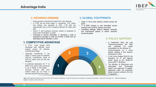 Advantage India
4. POLICY SUPPORT
• In September 2022, the new
Telecommunications Bill 2022
was published for public
consultation by the Ministry of
Communications as a move
toward creating a new telecom
framework in India.
• In the Union Budget 2022-23, the
allocation for IT and telecom
sector stood at Rs. 88,567.57
crore (US$ 11.58 billion).
• The Ministry of Electronics and
Information and Technology
(MeitY) has approved 14 eligible
applicants under the production
linked incentive scheme (PLI) for
IT hardware.
1. COMPETITIVE ADVANTAGE
• In FY21, India ranked third
worldwide with 608,000 cloud
experts across all verticals,
including technology.
• Japanese investments in the
Indian IT sector grew 4X between
2016-20. Investments stood at
US$ 9.2 billion over the last two
decades.
• A preferred destination for IT &
BPM in the world, India continues
to be a leader in the global
sourcing industry with 52%
market share (as of FY20) in
services exports from the country.
3. GLOBAL FOOTPRINTS
• Indian IT firms have delivery centres across the
world.
• IT & BPM industry is well diversified across
verticals such as BFSI, telecom and retail.
• Increasing strategic alliance between domestic
and international players to deliver solutions
across the globe.
2. GROWING DEMAND
• Strong growth in demand for export from new verticals.
• In FY22, the top three Indian IT companies, TCS, Wipro
and Infosys, are expected to offer ~1.05 lakh job
opportunities due to the increasing demand for talent and
skill.
• India‘s IT and business services market is projected to
reach US$ 19.93 billion by 2025.
• According to Gartner estimates, IT spending in India is
expected to increase to US$ 101.8 billion in 2022 from an
estimated US$ 81.89 billion in 2021.
1
5
2 3
4
Note: SEZ stands for Special Economic Zone, BFSI stands for Banking, Financial Services and Insurance, E stands for Estimate, F stands for Forecast, AI* - Artificial Intelligence
Source : Nasscom, News Sources
 