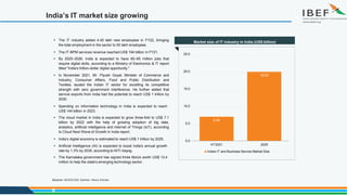 India’s IT market size growing
Source: NASSCOM, Gartner, News Articles
6.96
19.93
0.0
5.0
10.0
15.0
20.0
25.0
H1'2021 2025
Indian IT and Business Service Market Size
 The IT industry added 4.45 lakh new employees in FY22, bringing
the total employment in the sector to 50 lakh employees.
 The IT-BPM services revenue reached US$ 194 billion in FY21.
 By 2025–2026, India is expected to have 60–65 million jobs that
require digital skills, according to a Ministry of Electronics & IT report
titled "India's trillion-dollar digital opportunity."
 In November 2021, Mr. Piyush Goyal, Minister of Commerce and
Industry, Consumer Affairs, Food and Public Distribution and
Textiles, lauded the Indian IT sector for excelling its competitive
strength with zero government interference. He further added that
service exports from India had the potential to reach US$ 1 trillion by
2030.
 Spending on information technology in India is expected to reach
US$ 144 billion in 2023.
 The cloud market in India is expected to grow three-fold to US$ 7.1
billion by 2022 with the help of growing adoption of big data,
analytics, artificial intelligence and Internet of Things (IoT), according
to Cloud Next Wave of Growth in India report.
 India’s digital economy is estimated to reach US$ 1 trillion by 2025.
 Artificial Intelligence (AI) is expected to boost India's annual growth
rate by 1.3% by 2035, according to NITI Aayog.
 The Karnataka government has signed three MoUs worth US$ 13.4
million to help the state's emerging technology sector.
9
Market size of IT industry in India (US$ billion)
 
