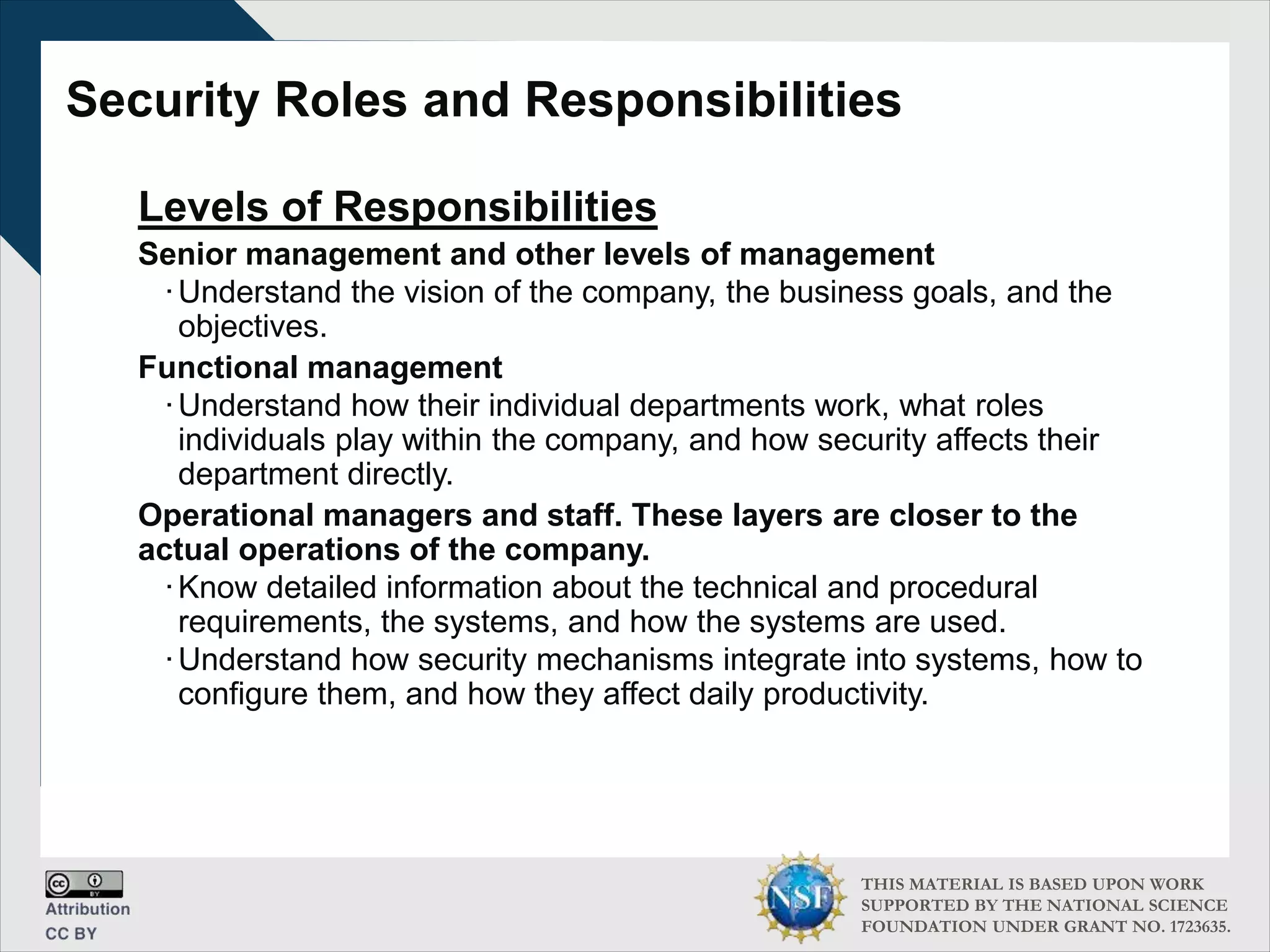 THIS MATERIAL IS BASED UPON WORK
SUPPORTED BY THE NATIONAL SCIENCE
FOUNDATION UNDER GRANT NO. 1723635.
Security Roles and Responsibilities
Levels of Responsibilities
Senior management and other levels of management
∙Understand the vision of the company, the business goals, and the
objectives.
Functional management
∙Understand how their individual departments work, what roles
individuals play within the company, and how security affects their
department directly.
Operational managers and staff. These layers are closer to the
actual operations of the company.
∙Know detailed information about the technical and procedural
requirements, the systems, and how the systems are used.
∙Understand how security mechanisms integrate into systems, how to
configure them, and how they affect daily productivity.
 