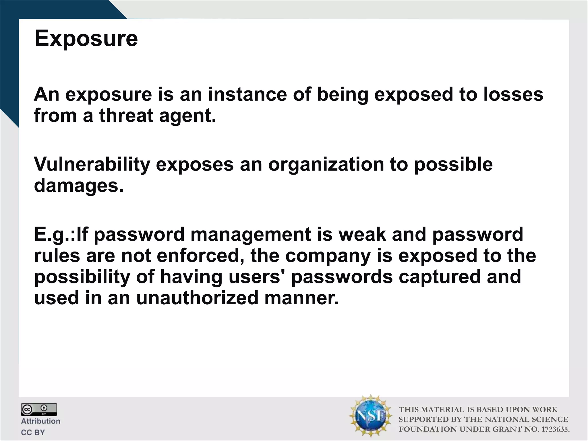 THIS MATERIAL IS BASED UPON WORK
SUPPORTED BY THE NATIONAL SCIENCE
FOUNDATION UNDER GRANT NO. 1723635.
Exposure
An exposure is an instance of being exposed to losses
from a threat agent.
Vulnerability exposes an organization to possible
damages.
E.g.:If password management is weak and password
rules are not enforced, the company is exposed to the
possibility of having users' passwords captured and
used in an unauthorized manner.
 