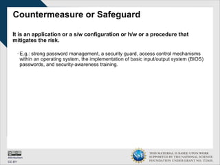 THIS MATERIAL IS BASED UPON WORK
SUPPORTED BY THE NATIONAL SCIENCE
FOUNDATION UNDER GRANT NO. 1723635.
Countermeasure or Safeguard
It is an application or a s/w configuration or h/w or a procedure that
mitigates the risk.
∙ E.g.: strong password management, a security guard, access control mechanisms
within an operating system, the implementation of basic input/output system (BIOS)
passwords, and security-awareness training.
 