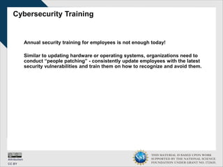 THIS MATERIAL IS BASED UPON WORK
SUPPORTED BY THE NATIONAL SCIENCE
FOUNDATION UNDER GRANT NO. 1723635.
Cybersecurity Training
Annual security training for employees is not enough today!
Similar to updating hardware or operating systems, organizations need to
conduct “people patching” - consistently update employees with the latest
security vulnerabilities and train them on how to recognize and avoid them.
 