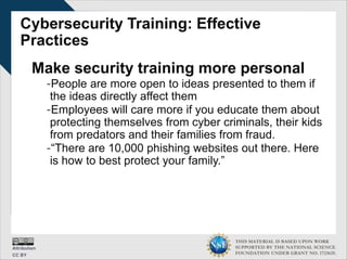 THIS MATERIAL IS BASED UPON WORK
SUPPORTED BY THE NATIONAL SCIENCE
FOUNDATION UNDER GRANT NO. 1723635.
Cybersecurity Training: Effective
Practices
Make security training more personal
-People are more open to ideas presented to them if
the ideas directly affect them
-Employees will care more if you educate them about
protecting themselves from cyber criminals, their kids
from predators and their families from fraud.
-“There are 10,000 phishing websites out there. Here
is how to best protect your family.”
 