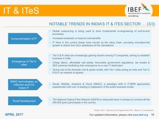 1616
IT & ITeS
APRIL 2017 For updated information, please visit www.ibef.org
Consumerisation of IT
• Global outsourcing is being used to drive fundamental re-engineering of end-to-end
processes
• Increased emphasis on beyond cost benefits
• IT firms in the current phase have moved up the value chain, providing innovation-led
growth to clients from SLA satisfaction & RoI calculations
Emergence of Tier II
cities
• Tier II & III cities are increasingly gaining traction among IT companies, aiming to establish
business in India
• Cheap labour, affordable real estate, favourable government regulations, tax breaks &
SEZ schemes facilitating their emergence as a new IT destination
• Giving rise to the domestic hub & spoke model, with Tier I cities acting as hubs and Tier II,
III & IV as network of spokes
SMAC technologies, an
inflection point for
Indian IT
• Social, Mobility, Analytics & Cloud (SMAC), a paradigm shift in IT-BPM approaches
experienced until now, is leading to digitisation of the entire business model
Notes: SLA - Service Level Agreement; RoI - Return on Investment
NOTABLE TRENDS IN INDIA’S IT & ITES SECTOR … (3/3)
Rural Development
• The National Optical Fibre Network (NOFN) is being laid down in phases to connect all the
250,000 gram panchayats in the country
 
