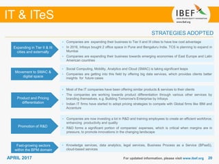 2020APRIL 2017 For updated information, please visit www.ibef.org
STRATEGIES ADOPTED
IT & ITeS
• Companies are expanding their business to Tier II and III cities to have low cost advantage
• In 2016, Infosys bought 2 office space in Pune and Bengaluru India. TCS is planning to expand in
Mumbai
• Companies are expanding their business towards emerging economies of East Europe and Latin
American countries
• Social Computing, Mobility, Analytics and Cloud (SMAC) is taking significant leaps
• Companies are getting into this field by offering big data services, which provides clients better
insights for future cases
• Most of the IT companies have been offering similar products & services to their clients
• The companies are working towards product differentiation through various other services by
branding themselves, e.g. Building Tomorrow's Enterprise by Infosys
• Indian IT firms have started to adopt pricing strategies to compete with Global firms like IBM and
Accenture
• Companies are now investing a lot in R&D and training employees to create an efficient workforce,
enhancing productivity and quality
• R&D forms a significant portion of companies’ expenses, which is critical when margins are in
pressure, to promote innovations in the changing landscape
Expanding in Tier II & III
cities and externally
Movement to SMAC &
digital space
Product and Pricing
differentiation
Promotion of R&D
• Knowledge services, data analytics, legal services, Business Process as a Service (BPaaS),
cloud-based services
Fast-growing sectors
within the BPM domain
 