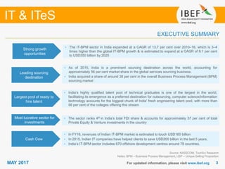 33
IT & ITeS
MAY 2017 For updated information, please visit www.ibef.org
EXECUTIVE SUMMARY
Strong growth
opportunities
• The IT-BPM sector in India expanded at a CAGR of 13.7 per cent over 2010–16, which is 3–4
times higher than the global IT-BPM growth & is estimated to expand at a CAGR of 9.1 per cent
to USD350 billion by 2025
Leading sourcing
destination
• As of 2015, India is a prominent sourcing destination across the world, accounting for
approximately 56 per cent market share in the global services sourcing business.
• India acquired a share of around 38 per cent in the overall Business Process Management (BPM)
sourcing market
Largest pool of ready to
hire talent
• India’s highly qualified talent pool of technical graduates is one of the largest in the world,
facilitating its emergence as a preferred destination for outsourcing, computer science/information
technology accounts for the biggest chunk of India' fresh engineering talent pool, with more than
98 per cent of the colleges offering this stream
Most lucrative sector for
investments
• The sector ranks 4th in India’s total FDI share & accounts for approximately 37 per cent of total
Private Equity & Venture investments in the country
Source: NASSCOM, TechSci Research
Notes: BPM – Business Process Management, USP – Unique Selling Proposition
Cash Cow
• In FY16, revenues of Indian IT-BPM market is estimated to touch USD160 billion
• In 2015, Indian IT companies have helped clients to save USD200 billion in the last 5 years.
• India’s IT-BPM sector includes 670 offshore development centres around 78 countries.
 