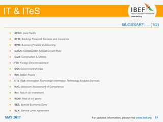 5151
IT & ITeS
MAY 2017
GLOSSARY … (1/2)
APAC: Asia Pacific
BFSI: Banking, Financial Services and Insurance
BPM: Business Process Outsourcing
CAGR: Compounded Annual Growth Rate
C&U: Construction & Utilities
FDI: Foreign Direct Investment
GOI: Government of India
INR: Indian Rupee
IT & ITeS: Information Technology-Information Technology Enabled Services
NAC: Nasscom Assessment of Competence
RoI: Return on Investment
ROW: Rest of the World
SEZ: Special Economic Zone
SLA: Service Level Agreement
For updated information, please visit www.ibef.org
 