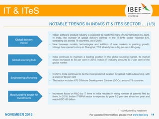1414
IT & ITeS
NOVEMBER 2016 For updated information, please visit www.ibef.org
NOTABLE TRENDS IN INDIA’S IT & ITES SECTOR … (1/3)
• Indian software product industry is expected to reach the mark of USD100 billion by 2025.
In India, the number of global delivery centres in the IT-BPM sector reached 670,
spreading out across 78 countries, as of 2015
• New business models, technologies and addition of new markets is pushing growth;
Infosys has opened a shop in Shanghai; TCS already has a big set-up in Uruguay
Global sourcing hub
• India continues to maintain a leading position in the global sourcing market. Its market
share increased to 55 per cent in 2015. India’s IT industry amounts to 7 per cent of the
global market
Engineering offshoring
• In 2015, India continued to be the most preferred location for global R&D outsourcing, with
a share of 56 per cent
• The sector includes 670 Offshore Development Centres (ODCs) around 78 countries
Most lucrative sector for
investments
• Increased focus on R&D by IT firms in India resulted in rising number of patents filed by
them. In 2016, Indian IT-BPM sector is expected to grow 9.2 per cent since last year and
reach USD160 billion
Global delivery
model
1 - conducted by Nasscom
 
