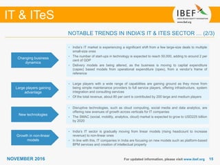1515
IT & ITeS
NOVEMBER 2016 For updated information, please visit www.ibef.org
Changing business
dynamics
• India’s IT market is experiencing a significant shift from a few large-size deals to multiple
small-size ones
• The number of start-ups in technology is expected to reach 50,000, adding to around 2 per
cent of GDP
• Delivery models are being altered, as the business is moving to capital expenditure
(capex) based models from operational expenditure (opex), from a vendor’s frame of
reference
Large players gaining
advantage
• Large players with a wide range of capabilities are gaining ground as they move from
being simple maintenance providers to full service players, offering infrastructure, system
integration and consulting services
• Of the total revenue, about 80 per cent is contributed by 200 large and medium players
New technologies
• Disruptive technologies, such as cloud computing, social media and data analytics, are
offering new avenues of growth across verticals for IT companies
• The SMAC (social, mobility, analytics, cloud) market is expected to grow to USD225 billion
by 2020
Growth in non-linear
models
• India’s IT sector is gradually moving from linear models (rising headcount to increase
revenue) to non-linear ones
• In line with this, IT companies in India are focusing on new models such as platform-based
BPM services and creation of intellectual property
NOTABLE TRENDS IN INDIA’S IT & ITES SECTOR … (2/3)
 
