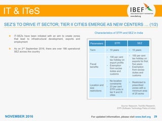 2929
IT & ITeS
NOVEMBER 2016 For updated information, please visit www.ibef.org
SEZ’S TO DRIVE IT SECTOR; TIER II CITIES EMERGE AS NEW CENTERS … (1/2)
Characteristics of STPI and SEZ in India
IT-SEZs have been initiated with an aim to create zones
that lead to infrastructural development, exports and
employment
As on 2nd September 2016, there are over 186 operational
SEZ across the country
Parameters STPI SEZ
Term • 10 years • 15 years
Fiscal
benefits
• 100 per cent
tax holiday on
export profits
• Exemption
from excise
duties and
customs
• 100 per cent
tax holiday on
exports for first
five years
• Exemption
from excise
duties and
customs
Location and
size
restrictions
• No location
constraints
• 23 per cent
STPI units in
tier II and III
cities
• Restricted to
prescribed
zones with a
minimum area
of 25 acres
Source: Nasscom, TechSci Research,
STPI (Software Technology Parks of India)
 