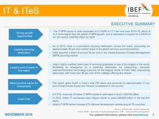 33
IT & ITeS
NOVEMBER 2016 For updated information, please visit www.ibef.org
EXECUTIVE SUMMARY
Strong growth
opportunities
• The IT-BPM sector in India expanded at a CAGR of 13.7 per cent over 2010–16, which is
3–4 times higher than the global IT-BPM growth, and is estimated to expand at a CAGR of
9.1 per cent to USD350 billion by 2025
Leading sourcing
destination
• As of 2015, India is a prominent sourcing destination across the world, accounting for
approximately 56 per cent market share in the global services sourcing business.
• India acquired a share of around 38 per cent in the overall Business Process Management
(BPM) sourcing market
Largest pool of ready to
hire talent
• India’s highly qualified talent pool of technical graduates is one of the largest in the world,
facilitating its emergence as a preferred destination for outsourcing, computer
science/information technology accounts for the biggest chunk of India' fresh engineering
talent pool, with more than 98 per cent of the colleges offering this stream
Most lucrative sector for
investments
• The sector ranks fourth in India’s total FDI share and accounts for approximately 37 per
cent of total Private Equity and Venture investments in the country
Source: NASSCOM, TechSci Research
Notes: BPM – Business Process Management, USP – Unique Selling Proposition
Cash Cow
• In FY16, revenues of Indian IT-BPM market is estimated to touch USD160 billion
• In 2015, Indian IT companies have helped clients to save USD200 billion in the last five
years.
• India’s IT-BPM sector includes 670 offshore development centres around 78 countries.
 
