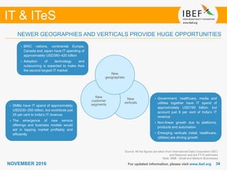 3434
IT & ITeS
NOVEMBER 2016 For updated information, please visit www.ibef.org
NEWER GEOGRAPHIES AND VERTICALS PROVIDE HUGE OPPORTUNITIES
Source: All the figures are taken from International Data Corporation (IDC)
and Nasscom and are FY10 estimates
Note: SMB - Small and Medium Businesses
• BRIC nations, continental Europe,
Canada and Japan have IT spending of
approximately USD380–420 billion
• Adoption of technology and
outsourcing is expected to make Asia
the second largest IT market
• Government, healthcare, media and
utilities together have IT spend of
approximately USD190 billion, but
account just 8 per cent of India’s IT
revenue
• Non-linear growth due to platforms,
products and automation
• Emerging verticals (retail, healthcare,
utilities) are driving growth
• SMBs have IT spend of approximately
USD230–250 billion, but contribute just
25 per cent to India’s IT revenue
• The emergence of new service
offerings and business models would
aid in tapping market profitably and
efficiently
New
verticals
New
customer
segments
New
geographies
 