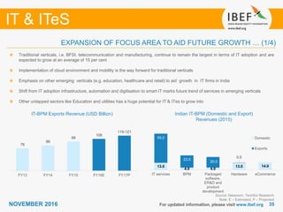 3535
IT & ITeS
NOVEMBER 2016
76
86
99
108
119-121
FY13 FY14 FY15 FY16E FY17P
13.0
4.0 4.0
13.0 14.0
55.0
23.0
20.0
0.5
IT services BPM Packaged
software,
ER&D and
product
development
Hardware eCommerce
Domestic
Exports
For updated information, please visit www.ibef.org
EXPANSION OF FOCUS AREA TO AID FUTURE GROWTH … (1/4)
IT-BPM Exports Revenue (USD Billion)
Traditional verticals, i.e. BFSI, telecommunication and manufacturing, continue to remain the largest in terms of IT adoption and are
expected to grow at an average of 15 per cent
Implementation of cloud environment and mobility is the way forward for traditional verticals
Emphasis on other emerging verticals (e.g. education, healthcare and retail) to aid growth in IT firms in India
Shift from IT adoption infrastructure, automation and digitisation to smart IT marks future trend of services in emerging verticals
Other untapped sectors like Education and utilities has a huge potential for IT & ITes to grow into
Source: Nasscom, TechSci Research
Note: E – Estimated, P – Projected
Indian IT-BPM (Domestic and Export)
Revenues (2015)
 