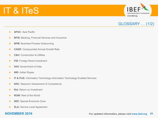 5151
IT & ITeS
NOVEMBER 2016
GLOSSARY … (1/2)
APAC: Asia Pacific
BFSI: Banking, Financial Services and Insurance
BPM: Business Process Outsourcing
CAGR: Compounded Annual Growth Rate
C&U: Construction & Utilities
FDI: Foreign Direct Investment
GOI: Government of India
INR: Indian Rupee
IT & ITeS: Information Technology-Information Technology Enabled Services
NAC: Nasscom Assessment of Competence
RoI: Return on Investment
ROW: Rest of the World
SEZ: Special Economic Zone
SLA: Service Level Agreement
For updated information, please visit www.ibef.org
 