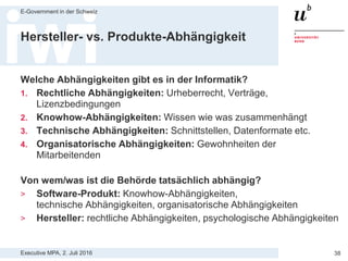 Executive MPA, 2. Juli 2016
E-Government in der Schweiz
38
Noch nicht erfasst:
«Offene» Produkte-Ausschreibungen
 