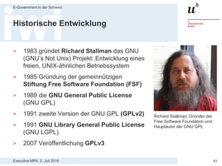 Executive MPA, 2. Juli 2016
E-Government in der Schweiz
41
Agenda
1. Einführung öffentliche Beschaffung
2. Freihänder bei IT-Beschaffungen
3. Einführung Open Source Software
4. Nachhaltig IT-Kosten sparen mit Open Source
5. BBL-Merkblatt und SIK Checkliste
 