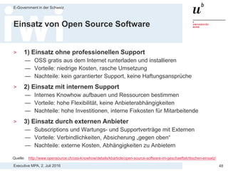 Executive MPA, 2. Juli 2016
E-Government in der Schweiz
48
Open Source Lizenzen
Quelle: http://www.opensource.ch/oss-knowhow/details/kbarticle/open-source-software-im-geschaeftskritischen-einsatz/
 