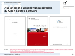 Executive MPA, 2. Juli 2016
E-Government in der Schweiz
64
OSS-Strategie der Bundesverwaltung
> Publikation: 15.03.2005 durch ISB
> Geplante Massnahmen gemäss Aktionsplan:
— Standardisierung von Open Source Produkten
— OSS-Referenzlösungen für E-Government Projekte
— Erfahrungsaustausch und Kommunikation innerhalb
der Bundesverwaltung (inkl. jährliche Konferenz)
— Überwachung der Umsetzung der OSS-Strategie
— Web-Plattform innerhalb der Bundesverwaltung zum
Informations- und Erfahrungsaustausch
— OSS-Ausbildungsangebote und –Zertifizierungen
— TCO-Modell zur Analyse der Kosten von OSS vs.
proprietäre Software
— OSS-Referenz-Client der Bundesverwaltung
Quelle: http://www.isb.admin.ch/themen/strategien/00745/00750/
 
