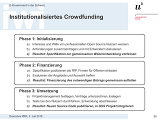 Executive MPA, 2. Juli 2016
E-Government in der Schweiz
85
E-Government Lösung CAMAC
> Open Source Baugesuchsverwaltung von 8 Schweizer Kantonen
> www.camac.ch
 