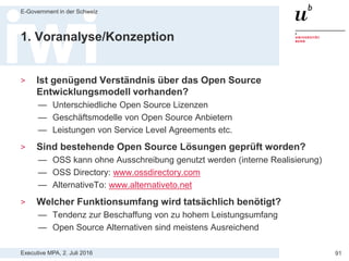 Executive MPA, 2. Juli 2016
E-Government in der Schweiz
91
«SIK Checkliste für
Beschaffung von Open Source»
> Ziel ist die bessere Berücksichtigung
von Open Source Software bei der
Beschaffung von IT
> Erabeitet 2015 durch die Arbeitgruppe
Open Source Software der
Schweizerischen
Informatikkonferenz (SIK)
> Mit Rückmeldungen von
Behördenstellen, Beschaffungsjuristen
und Open Source Experten
Quelle: http://www.ossdirectory.com/oss-knowhow/details/kbarticle/sik-checkliste-fuer-beschaffung-von-open-source-software/
 