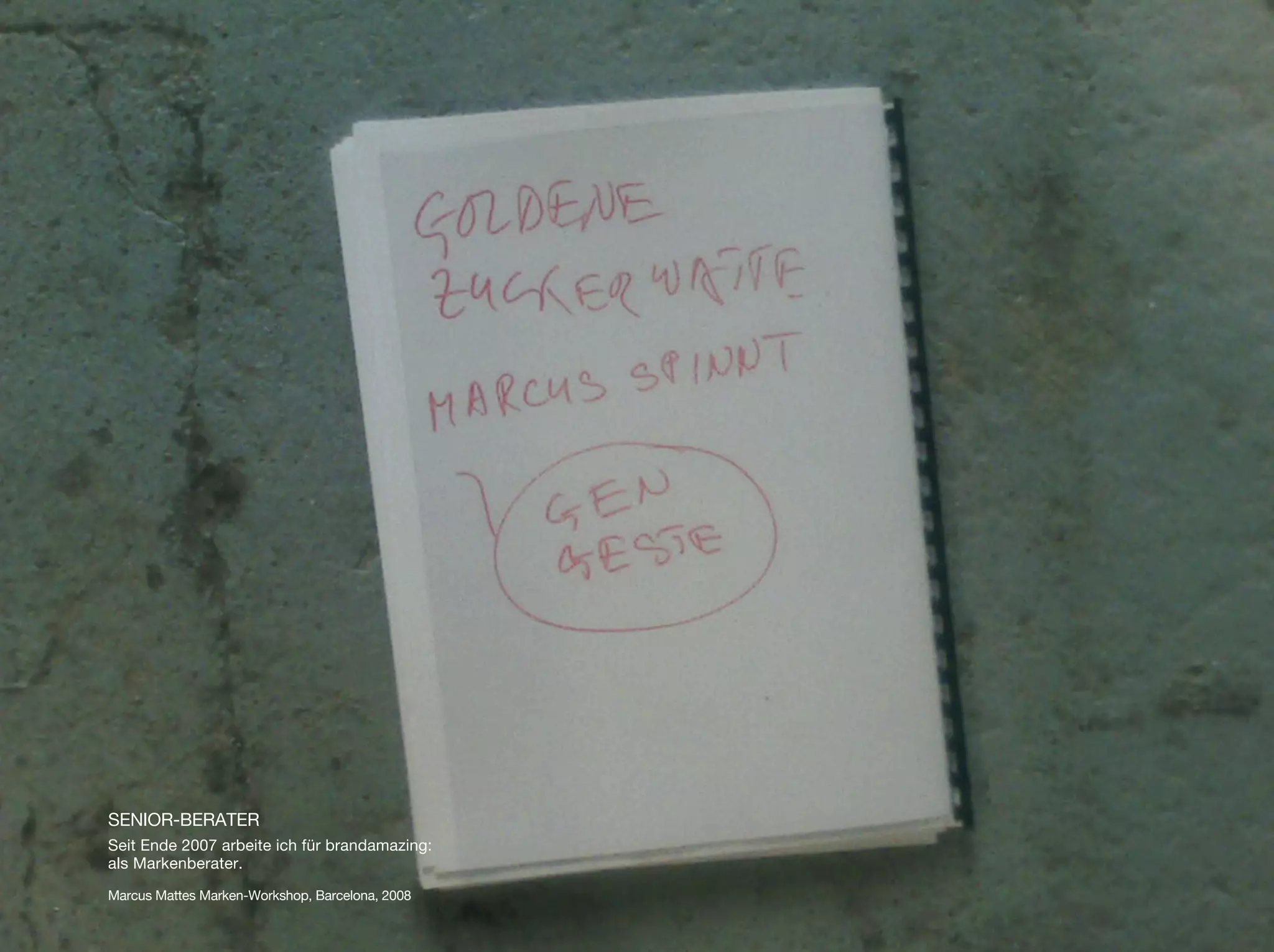 SENIOR-BERATER
Seit Ende 2007 arbeite ich für brandamazing:
als Markenberater.

Marcus Mattes Marken-Workshop, Barcelona, 2008
 