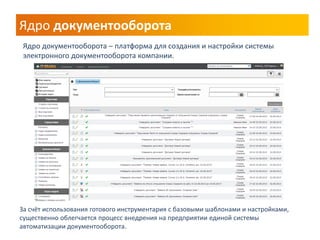 Ядро документооборота 
За счёт использования готового инструментария с базовыми шаблонами и настройками, существенно облегчается процесс внедрения на предприятии единой системы автоматизации документооборота. 
Ядро документооборота – платформа для создания и настройки системы электронного документооборота компании.  