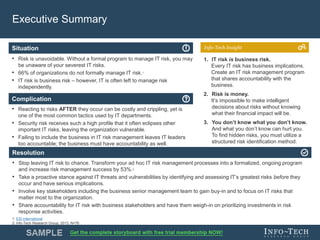 Info-Tech Research Group 4Info-Tech Research Group 4
Resolution
Situation
Complication
Info-Tech Insight
Executive Summary
• Risk is unavoidable. Without a formal program to manage IT risk, you may
be unaware of your severest IT risks.
• 66% of organizations do not formally manage IT risk.1
• IT risk is business risk – however, IT is often left to manage risk
independently.
• Reacting to risks AFTER they occur can be costly and crippling, yet is
one of the most common tactics used by IT departments.
• Security risk receives such a high profile that it often eclipses other
important IT risks, leaving the organization vulnerable.
• Failing to include the business in IT risk management leaves IT leaders
too accountable; the business must have accountability as well.
• Stop leaving IT risk to chance. Transform your ad hoc IT risk management processes into a formalized, ongoing program
and increase risk management success by 53%.2
• Take a proactive stance against IT threats and vulnerabilities by identifying and assessing IT’s greatest risks before they
occur and have serious implications.
• Involve key stakeholders including the business senior management team to gain buy-in and to focus on IT risks that
matter most to the organization.
• Share accountability for IT risk with business stakeholders and have them weigh-in on prioritizing investments in risk
response activities.
1. IT risk is business risk.
Every IT risk has business implications.
Create an IT risk management program
that shares accountability with the
business.
2. Risk is money.
It’s impossible to make intelligent
decisions about risks without knowing
what their financial impact will be.
3. You don’t know what you don’t know.
And what you don’t know can hurt you.
To find hidden risks, you must utilize a
structured risk identification method.
1: ESI International
2: Info-Tech Research Group, 2013, N=76
 