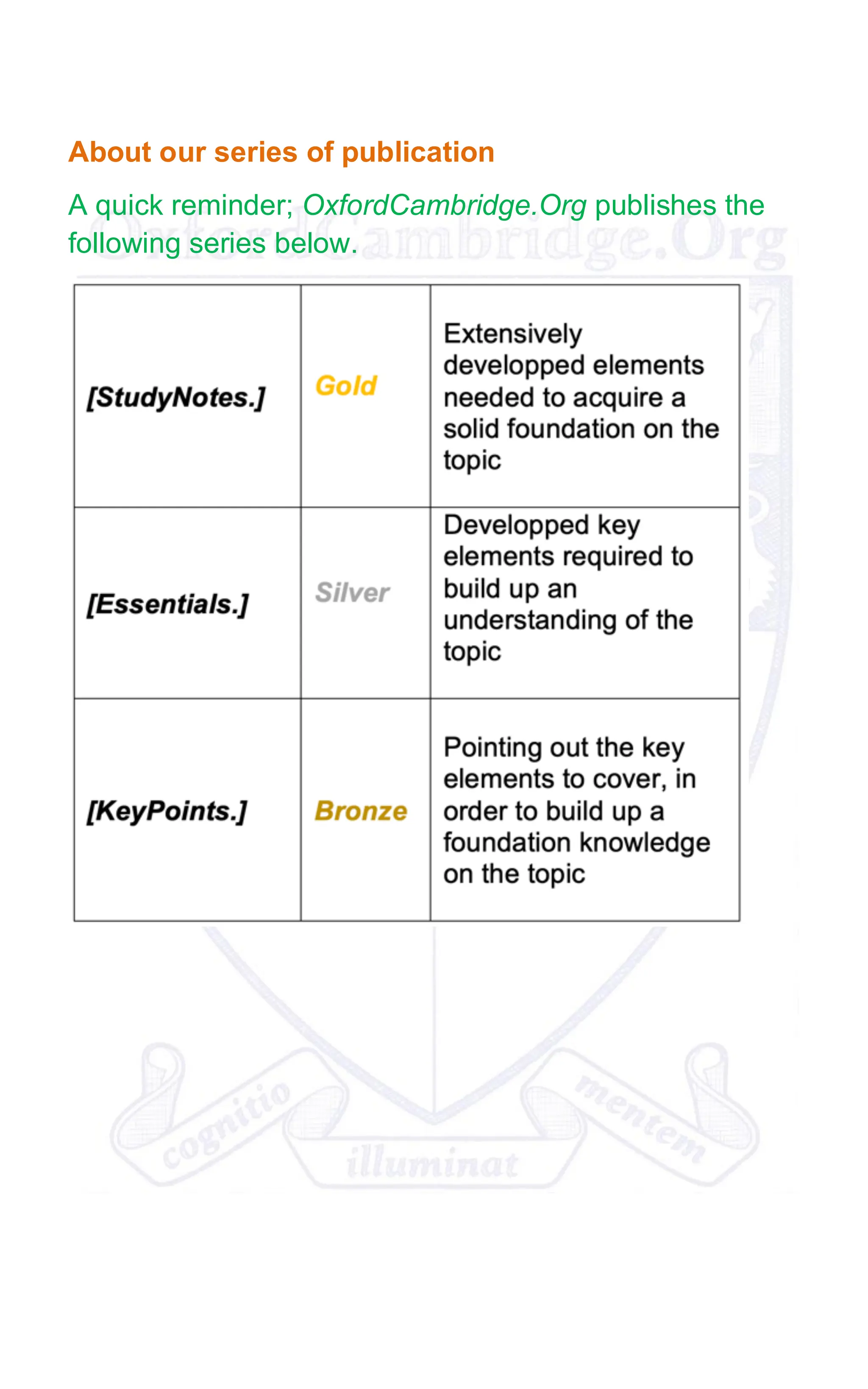 About our series of publication
A quick reminder; OxfordCambridge.Org publishes the
following series below.
 